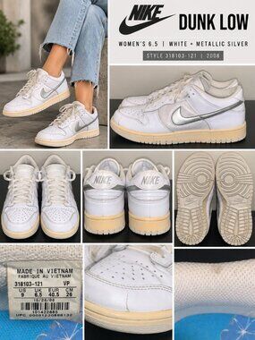 2008 Nike Dunk Low Women’s 9 White Metallic Silver 318103-121 Y2K Sneakers